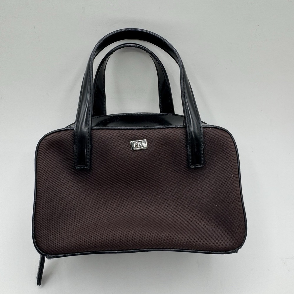 DKNY City Mini Satchel Clutch Brown Black Patent Leather Hand Bag Y2K Lux Grunge